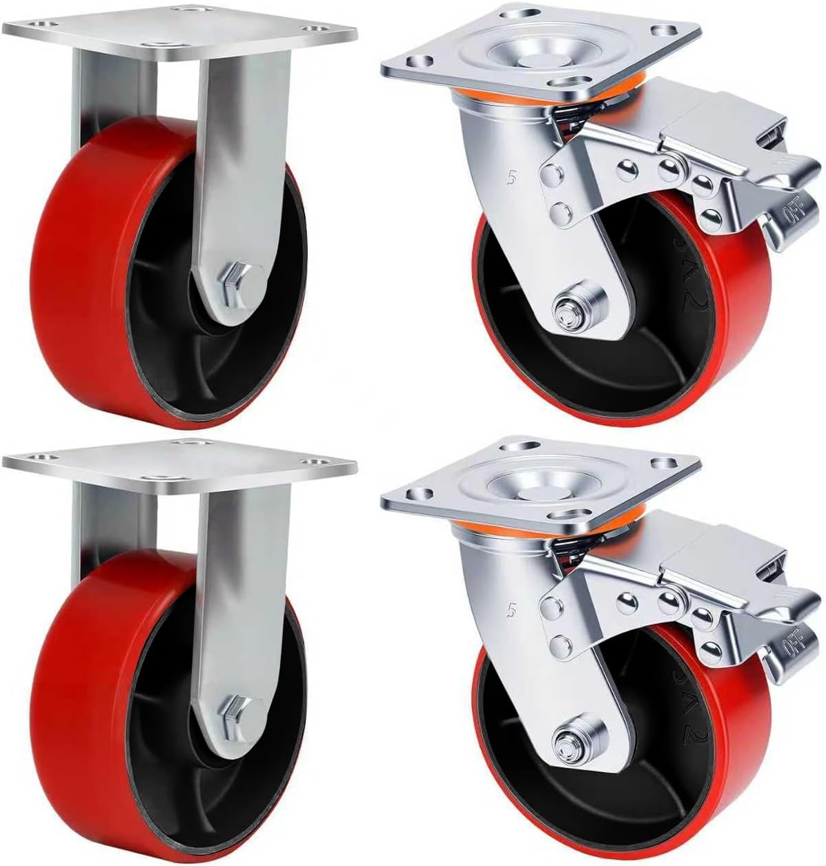 5 Inch Industrial Grade Caster Wheels,Heavy Duty Polyurethane Caster Set of 4 with Dual Ball Bearing,Solid Wheel 4000 Lb,Include M10 screw,Plate Swivel Caster for Industrial, Equipment