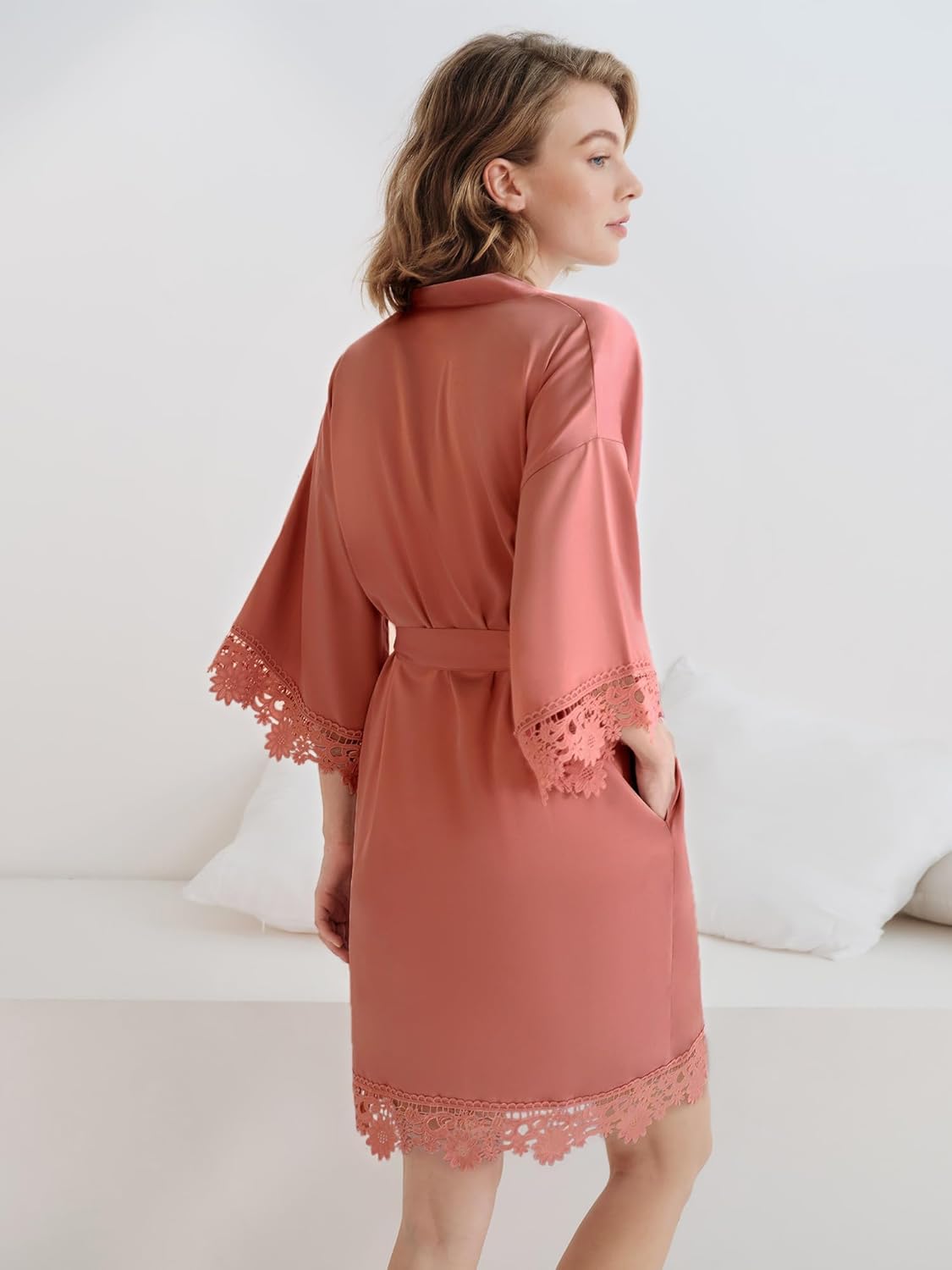 SIORO Women Silk Short Kimono Robes, Lightweight Satin Lace Robe, Soft Bath for Shower, Nightgown, Wedding Party, Bridesmaid - Image 4