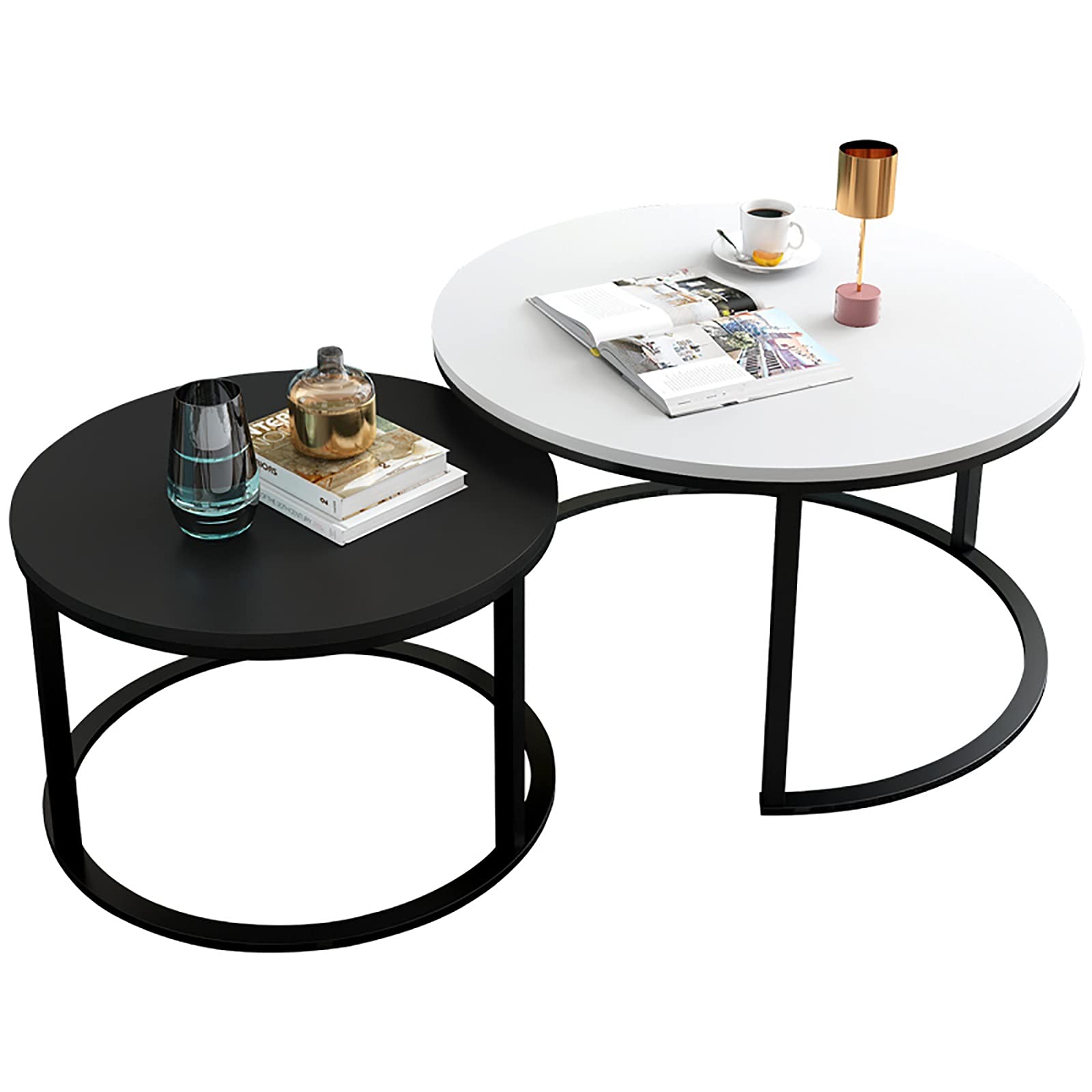 Table basse ronde : lot de 2 tables de cocktail de salon gigognes et empilables avec plateau bois