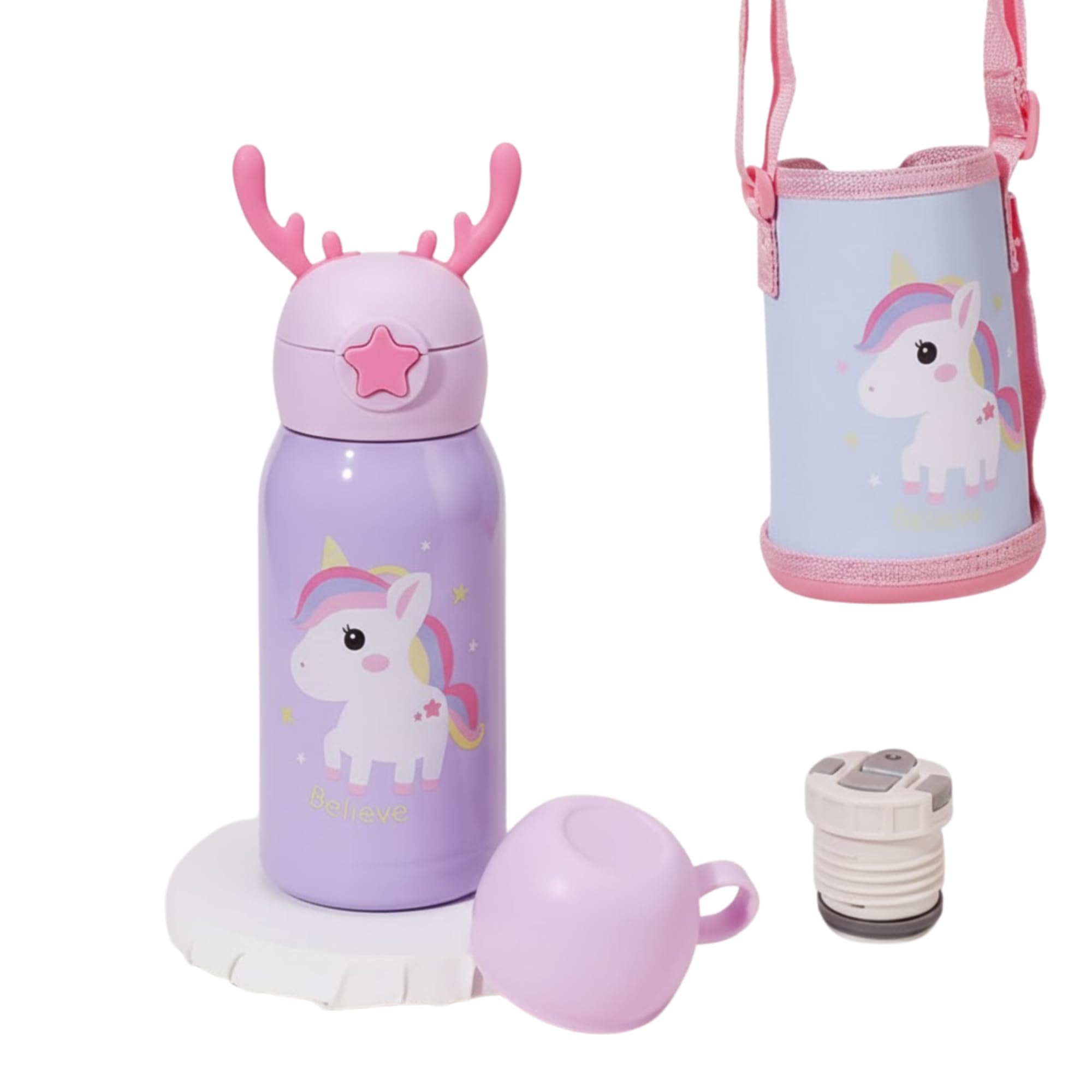 JOUET Light Beige 500 ml Stainless Steel Kids Water Bottle with Cute Unicorn Print Straw Sipper Cup Leak Proof BPA Free Lid Fabric Sleeve and Adjustable Carry Strap Pack of 1-image-41