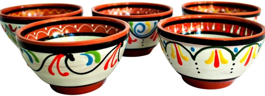 Salsa Bowls - Spanish Terracotta White Decor - Small Serving Bowl (European Size), Festive Dinnerware 5 Piece Set - Dishwasher & Microwave Safe