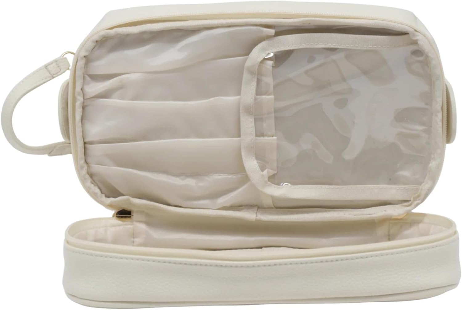 Impressions Vanity Cordoba Double Layer Makeup Bag with Faux Pebbled Supple Leather, Dual Compartment Makeup Organizer with Top Handle, Double Zipper Closures, Brush Pocket with Protective Flap(Cream)