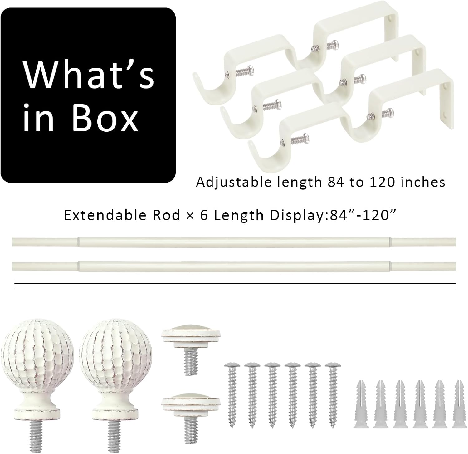 5/8" Double Curtain Rod with Balle Finials (Weathered White, 84"-120")
