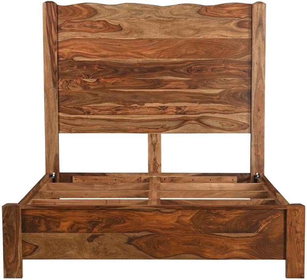 Pemberly Row 5-Piece Queen Bedroom Set, Solid Sheesham Wood, Brown Finish, Live Edge Headboard, Nightstand with Storage, Dresser, Chest, Accent Mirror, Natural Grain, Rustic Style for Master Bedroom