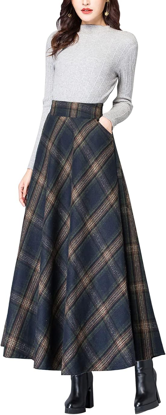 ebossy Women's Vintage High Waist Wool Blend Plaid A-Line Long Maxi Skirt with Pocket - Image 4