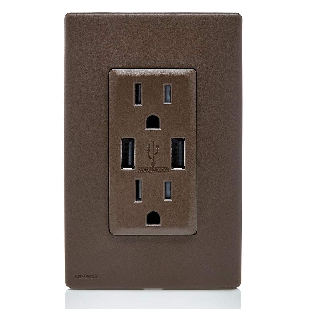 Leviton Renu USB Charger/Tamper-Resistant Duplex Outlet, 15A-125VAC, RUAA1-WB, Walnut Bark