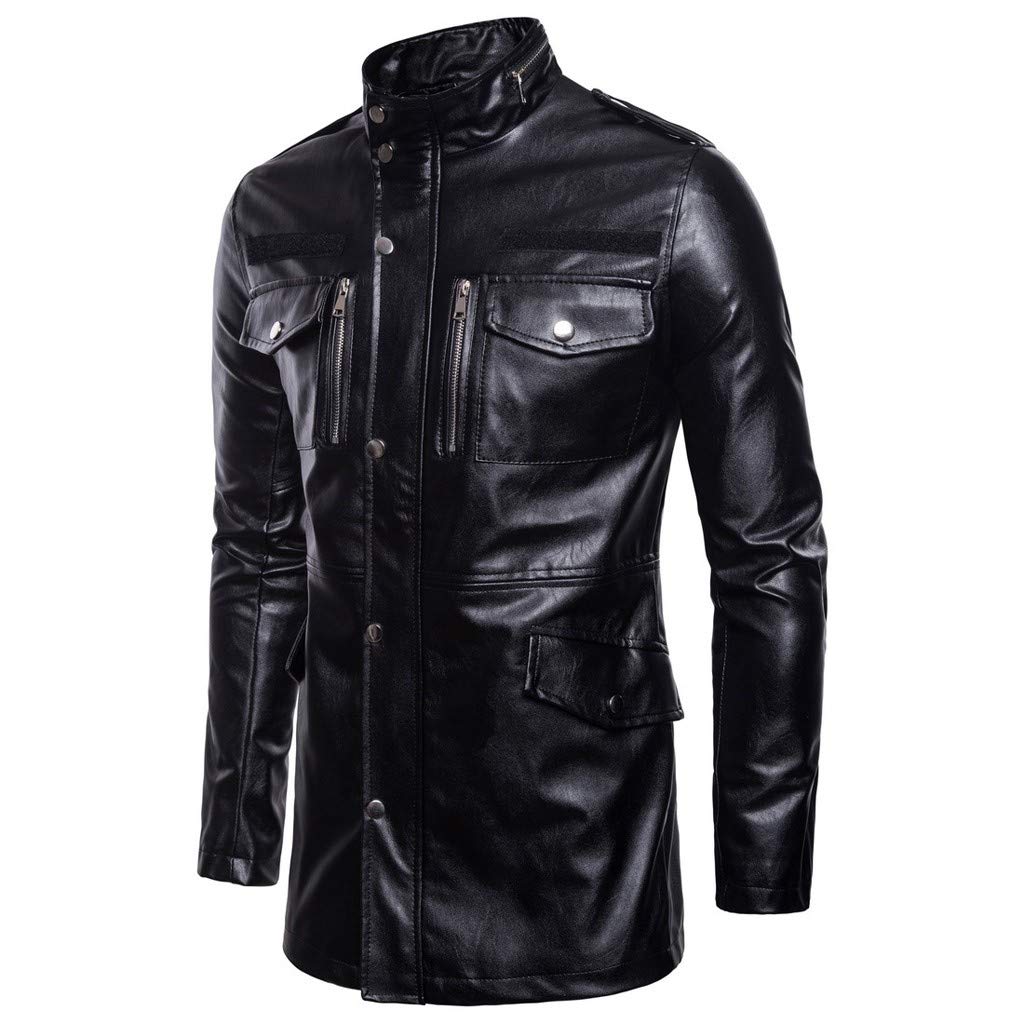 Abrigo de piel para hombre, de longitud media, chaqueta de cuero, chaqueta de piel vigilante, abrigo para carretera, cortavientos, otoño e invierno, chaqueta de motorista con muchos bolsillos