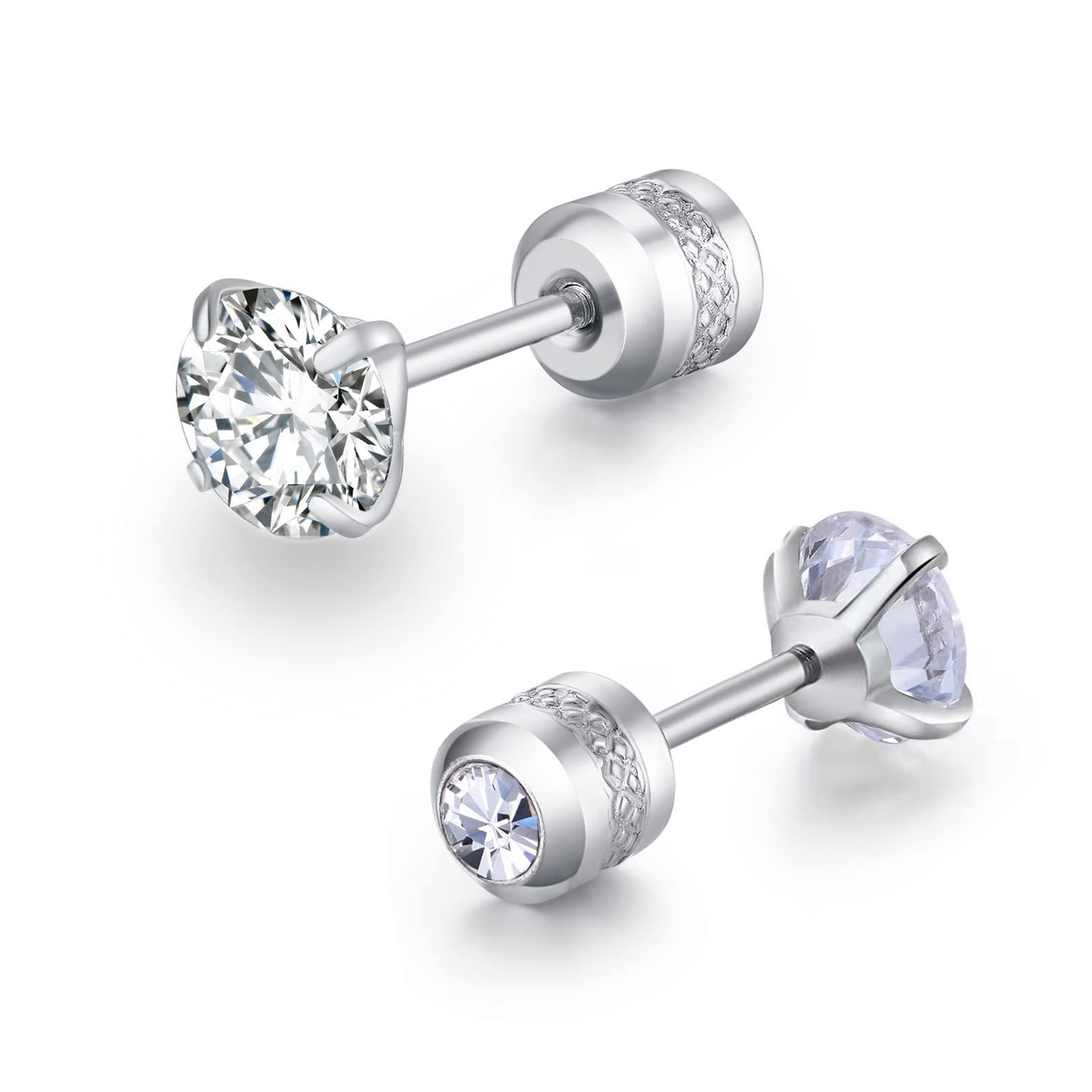 TOLOWOBK Silver Stud Earrings for Women, 1 Pair Cubic Zirconia Stainless Steel Hypoallergenic Earrings Set Small Sleeper Studs with Clear 5A Cubic Zirconia 4mm universal, Cubic Zirco, Cubic Zirconia