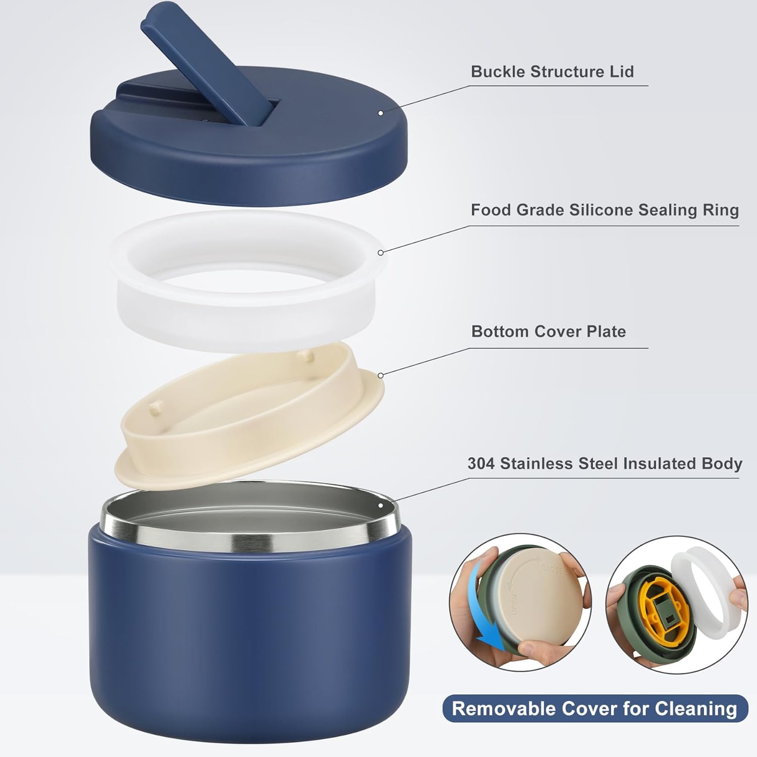 Itslife Thermos per Alimenti 350ml, Contenitore Termico per Alimenti di Acciaio Inossidabile per Cibi Caldi e Freddi, con Copertura con Fibbia, Collo Largo, Isolamento, Blu