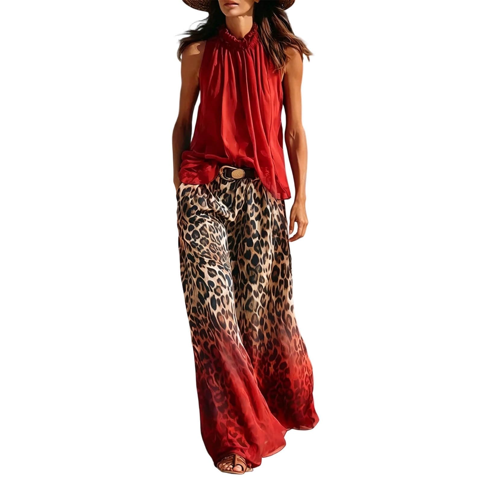 Elegante senza maniche con scollo a V in velluto con sfumatura leopardata e gamba larga per