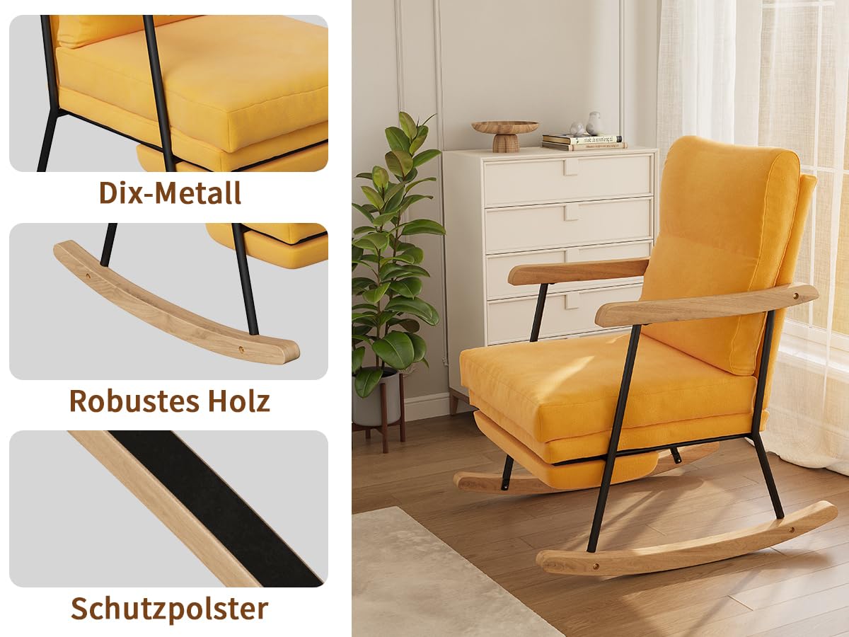 KeepGoon Chaise à Bascule, Fauteuil à Bascule avec Dossier, Repose-Pieds Coulissant, Fauteuil de Relaxation, pour Salon, Chambre à Coucher, Tissu en Coton et Lin (Jaune)