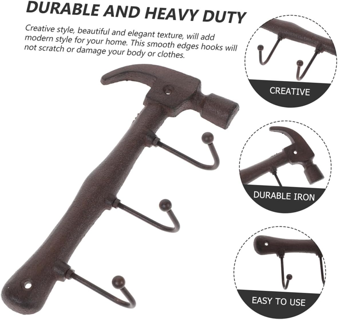 Mikikit Vintage Hammer Shape Metal Wall Hooks, 2pcs Cast Iron Coat and Hat Rack with Screws, Retro Home Wall Hanger for Entryway, Closet, and Bathroom Organization