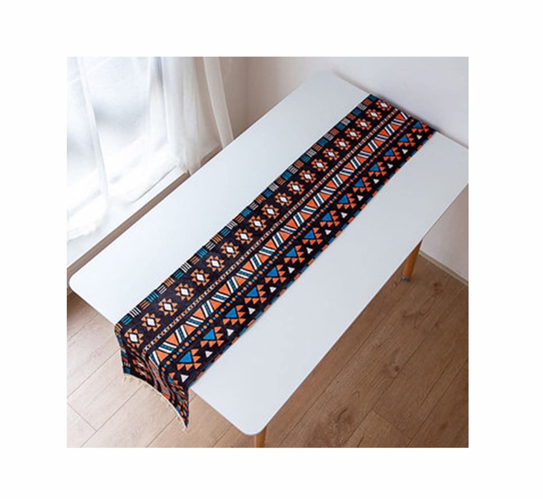 Tischdekor Hochzeit, Tischläufer Weihnachten aus Polyester Geometrisches Dreiecksmuster mit Quasten Orange Blau 50x180CM für Abendessen