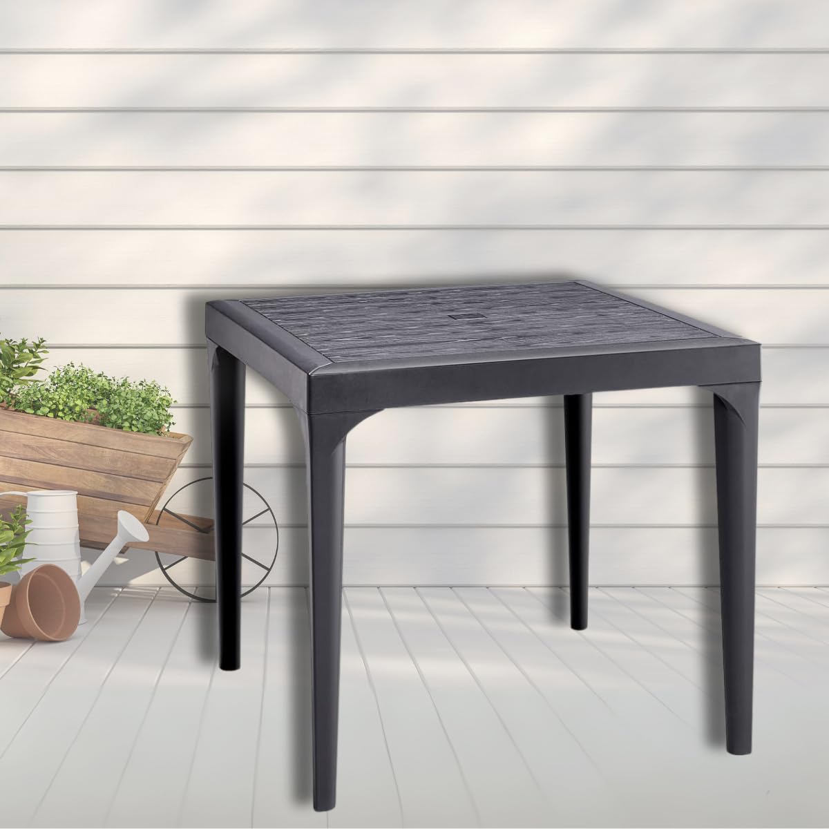 Tomaino - Tavolo da giardino in plastica, quadrato per esterno, effetto legno, 4 posti, balcone, bar, ristorante- 80x80x74h cm (Nero)