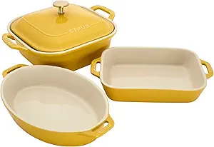 Staub Ceramic 4-pc Baking Pans Set, Casserole Dish with Lid, Brownie Pan, Citron
