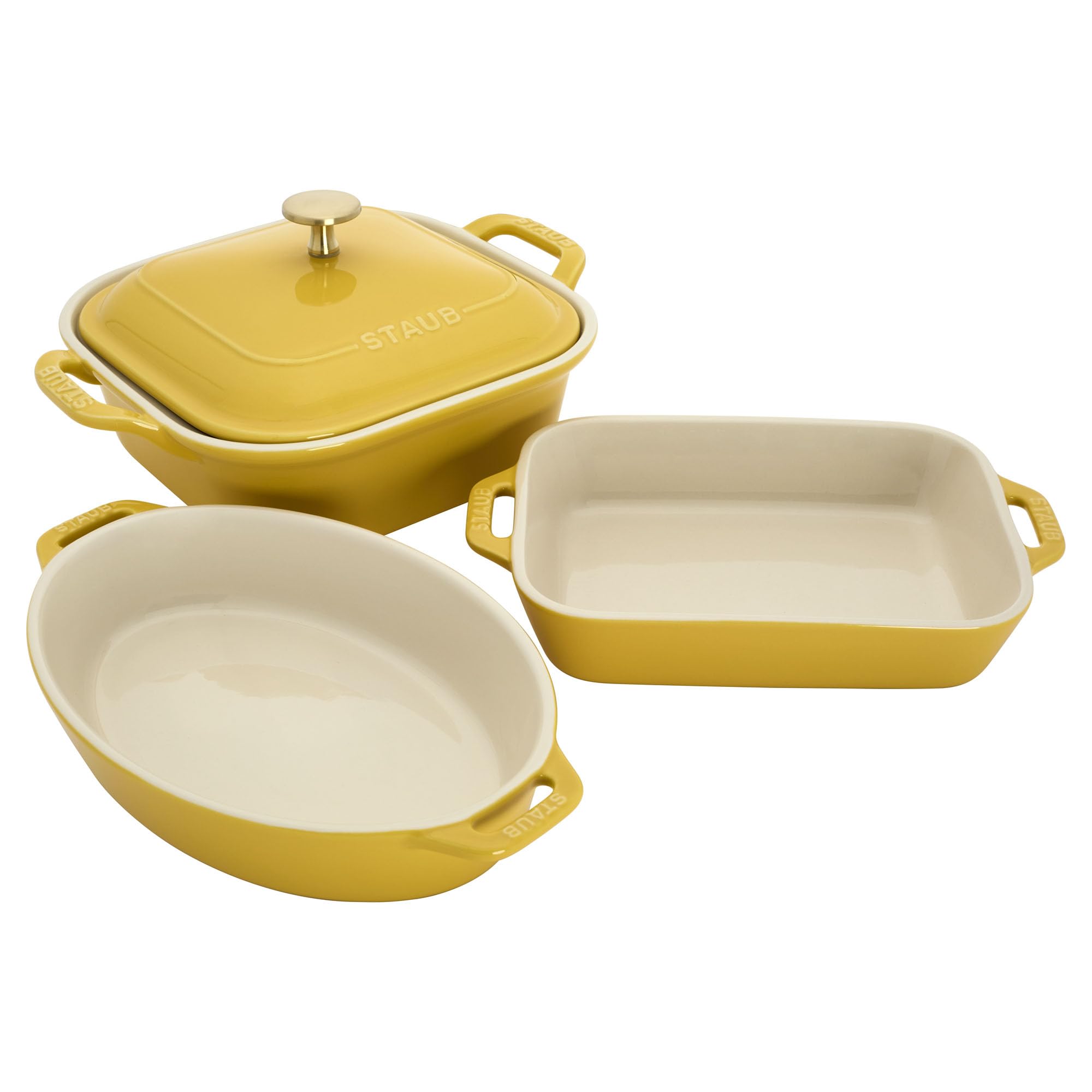 STAUBCeramic 4-pc Baking Pans Set, Casserole Dish with Lid, Brownie Pan, Citron
