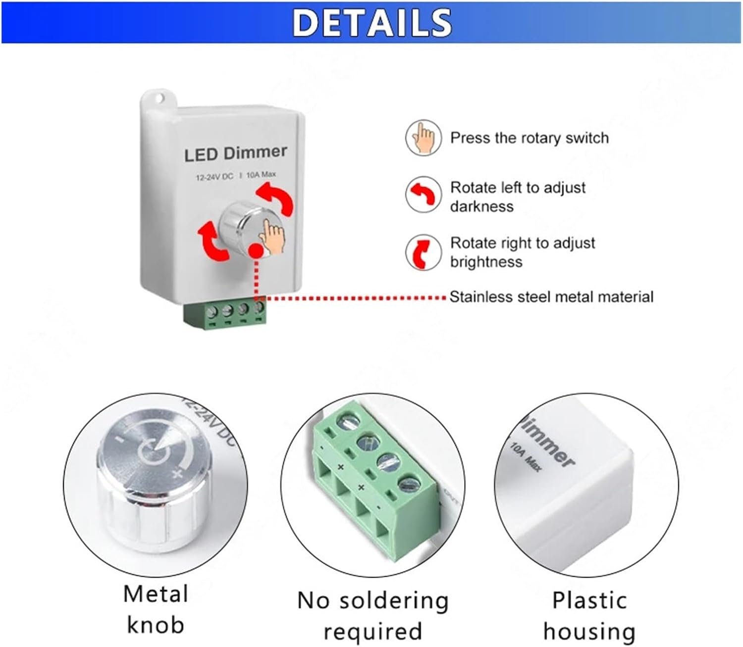 Mini LED Knob Dimmer DC 12V 24V 10A Single Channel Lighting Controller Metal Rotary for Indoor LED COB Single Color Light Strip