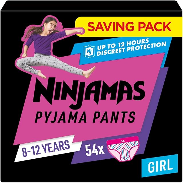 Pampers Ninjamas Pyjama Pants Girls, 54 Night Time Pants, 8-12 Years, 27-43kg, All-Night Leak Protection