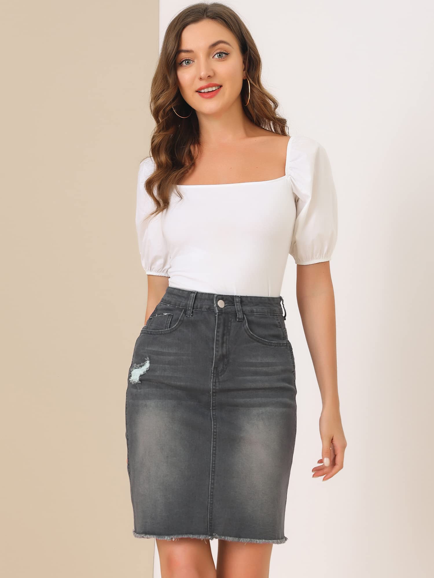 Allegra K Jupe Jean Femme Vintage Taille Haute Délavage Naturel avec Ourlet Effiloché Tous Les Jours | Longueur genou, ourlet déchiré, style cinq poches et fermeture éclair, tissu extensible, tenue décontractée au quotidien