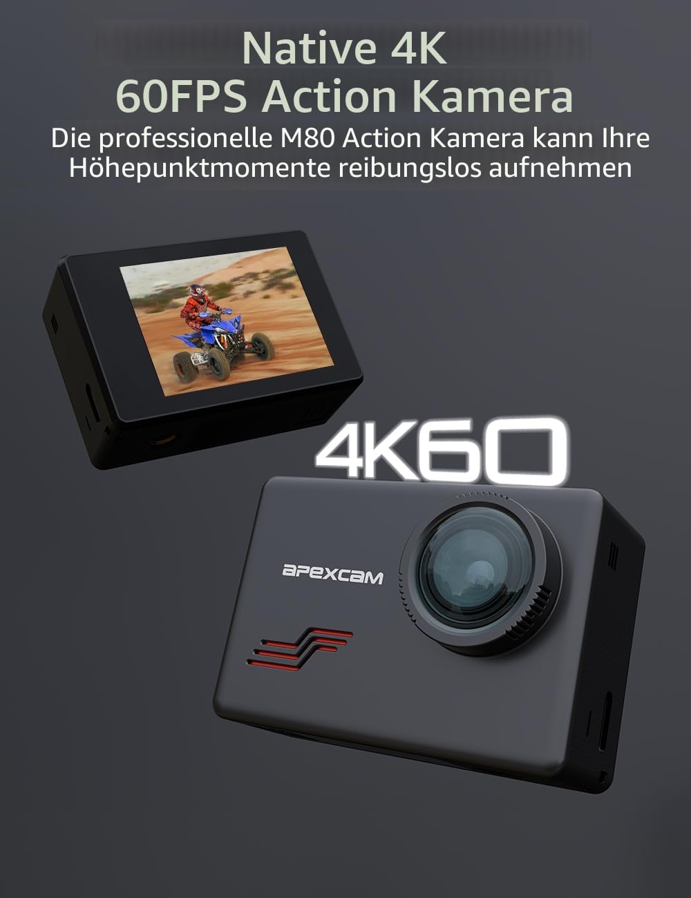 Apexcam M80 Action Cam 4K60FPS 48MP WLAN Sportskamera 40m Wasserdicht 8X Zoom 2.4G Fernbedienung 2x1350mAh Akkus