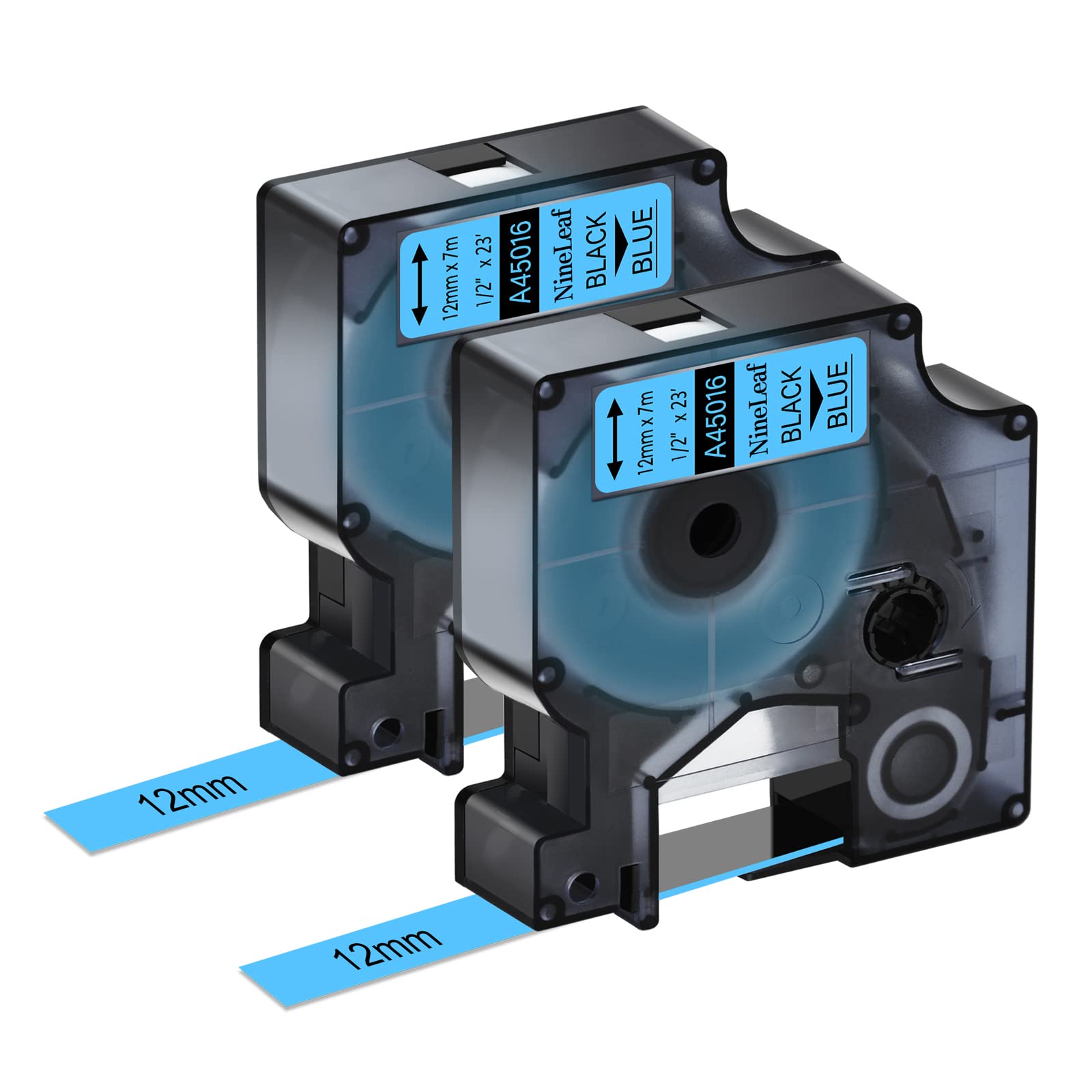 NineLeaf 2PK 12mm Black on Blue Label Tape Compatible for Dymo D1 Label Maker Refills 45016 S0720560 1/2" Refill for LabelManager PnP 160 260P 210D