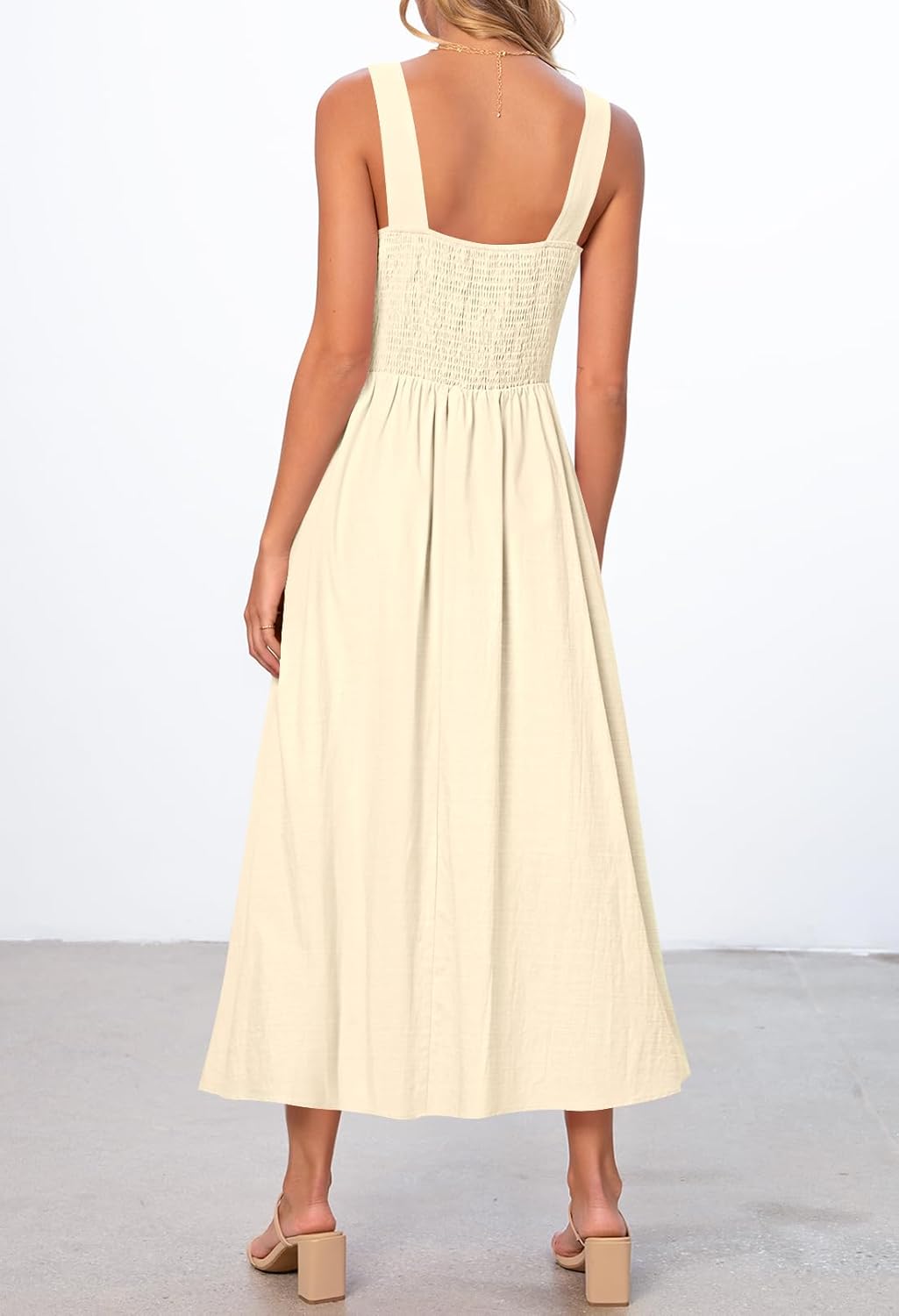 MEROKEETY Women's 2026 Summer Sleeveless Midi Dress Square Neck Smocked Flowy A Line Beach Dresses - Image 3