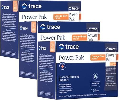Trace Minerals Power Pak - Paquetes multivitamínicos y multiminerales - Soporte de electrolitos - 1200 mg de vitamina C más 70 sabor naranja