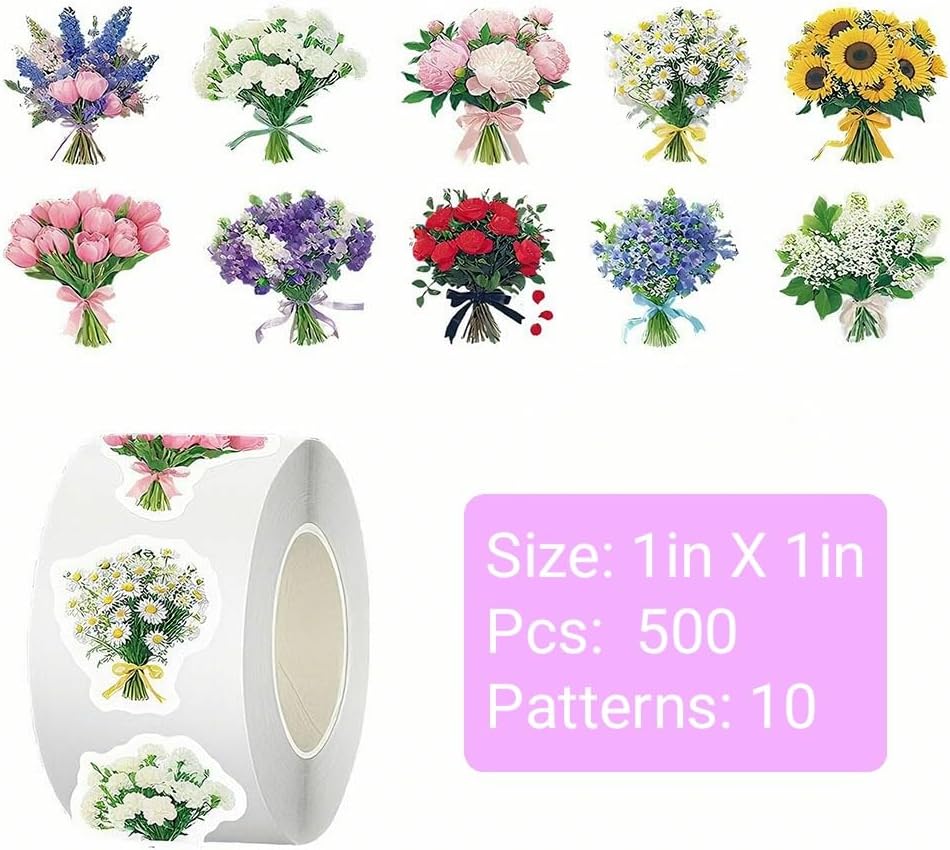 500 Pieces 1-Inch Roll Floer Bouquet Stickers 10 Vivid Patterns Packing Labels for Kids Teen Adults, Cute Decals Crafts for Laptop Guitar Skateboard Luggage Scrapbooking Home Decor