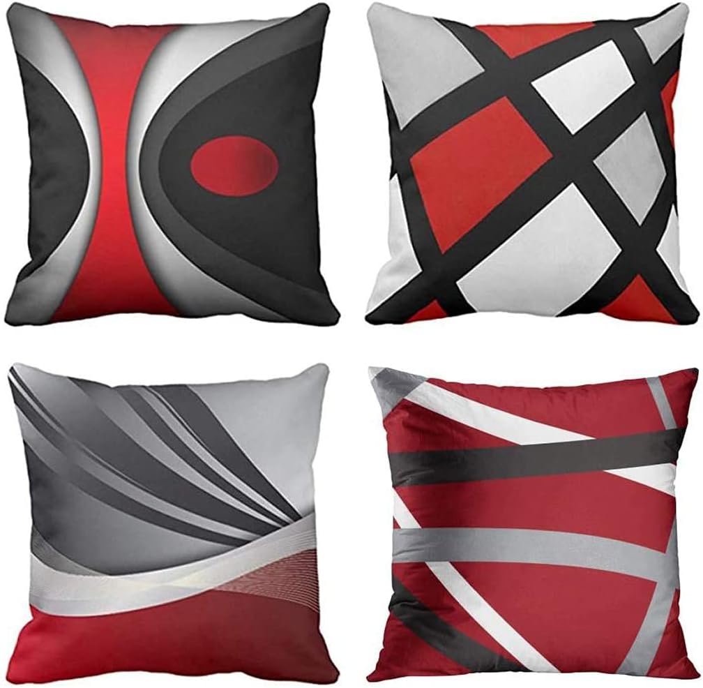 Set of 4 Cushion Covers 45x45cm Modern Abstract Red Stripes Gray Black White Acrylic Bold Grey Decorative Pillow Cases Home Decor Square cushion covers 18x18 Inches
