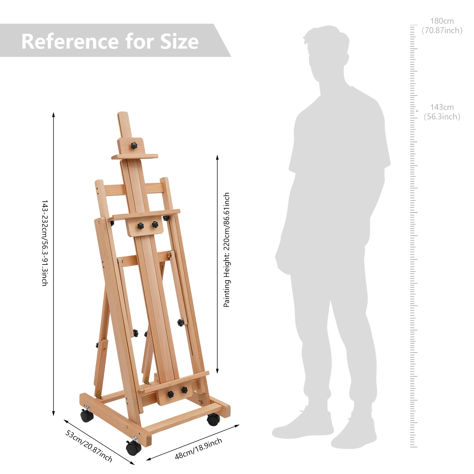 Verstellbare Staffelei aus Buchenholz, 143–232 cm, mit 4 Rollen und Bremsen – stabiler Malständer für Atelier, Kunstausstellung und Hobby, leicht und tragbar (Holzfarbe)