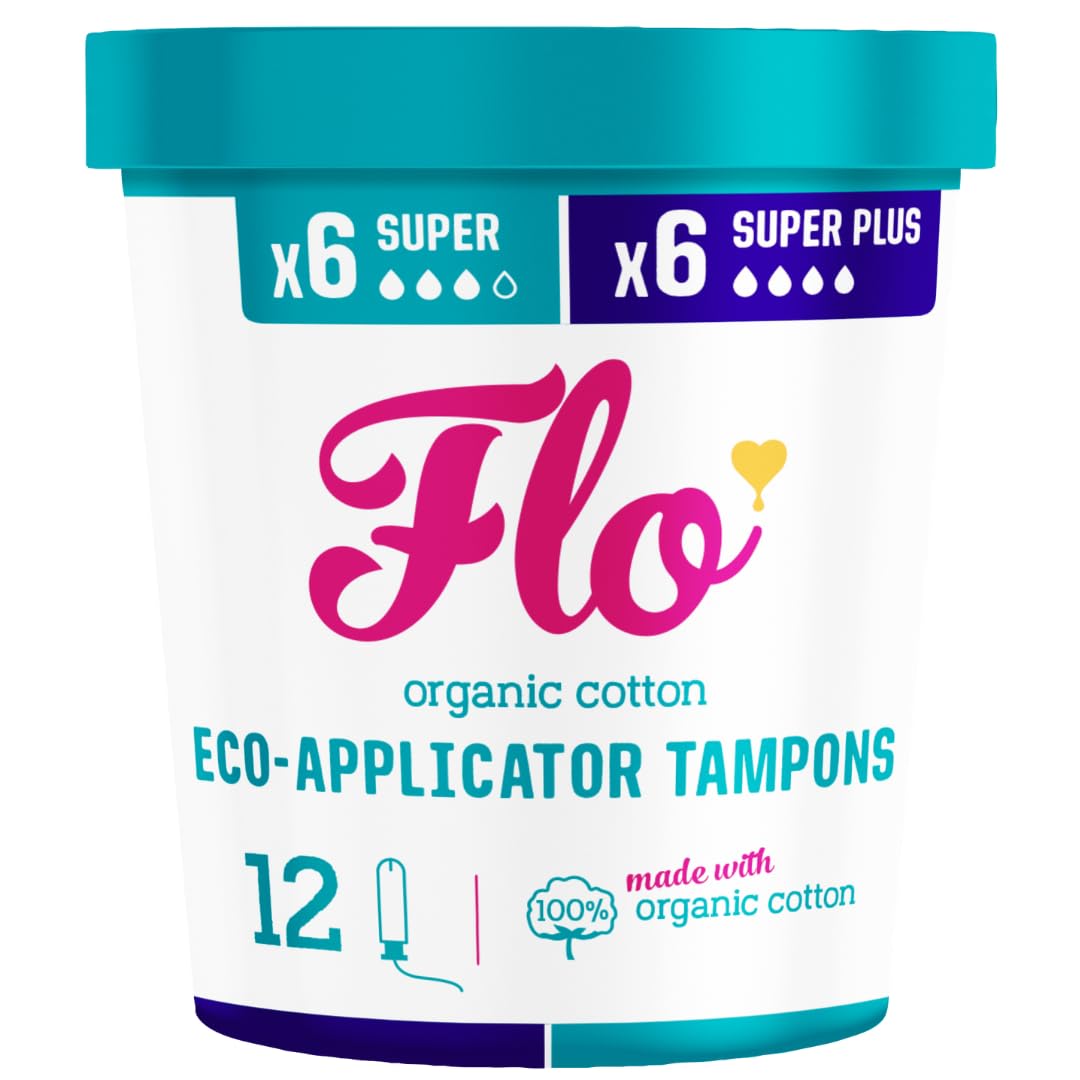 Flo Organic Cotton Applicator Tampons Combo Pack – Ultra Absorbent, Soft, Smooth - 6 Super & 6 Super Plus - 12 Count