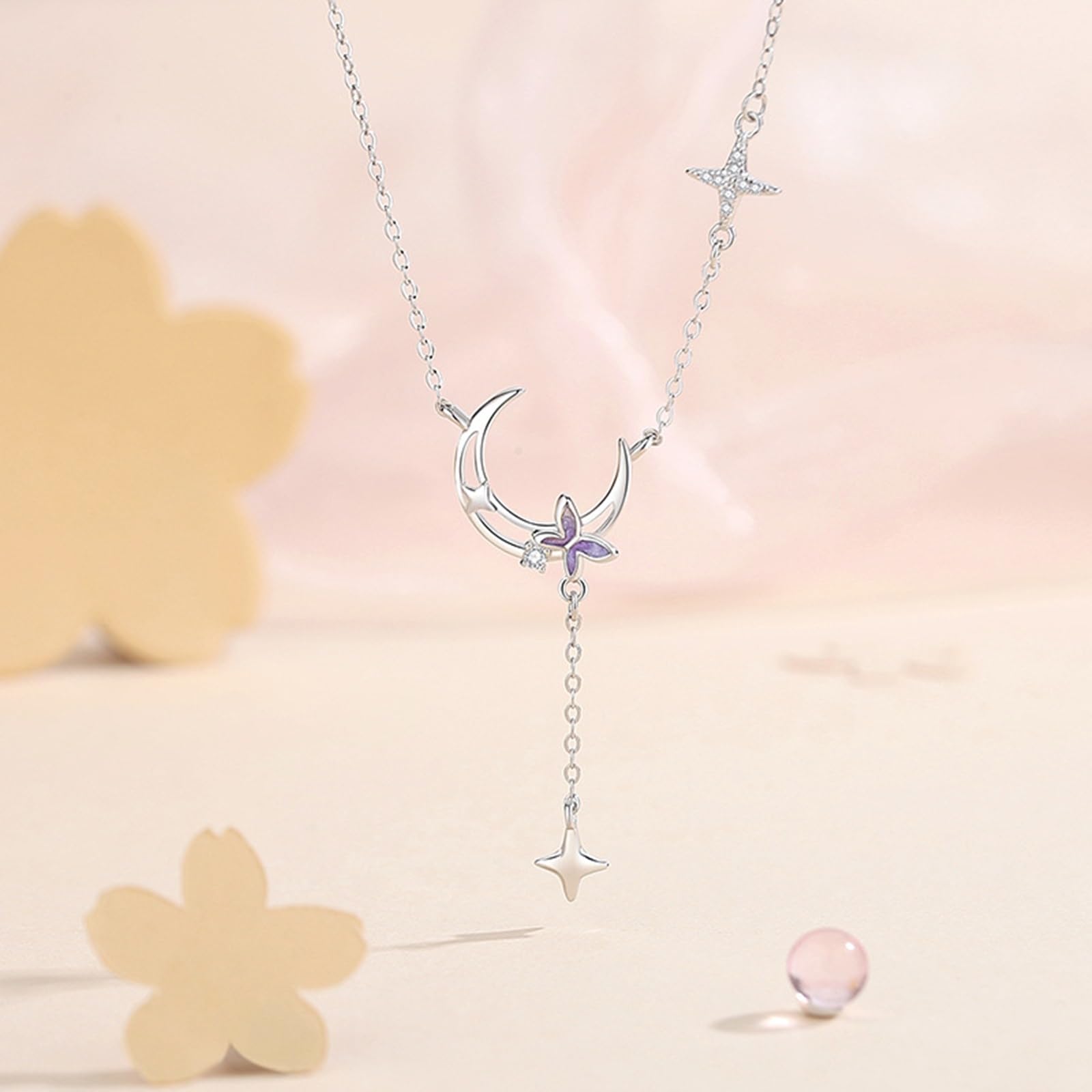 Collana Donna Matrimonio Oro Bianco 18k/14k/9k, Collana con Ciondolo Luna e Stella con Diamante Sintetico, Catena Regolabile 40+5 cm