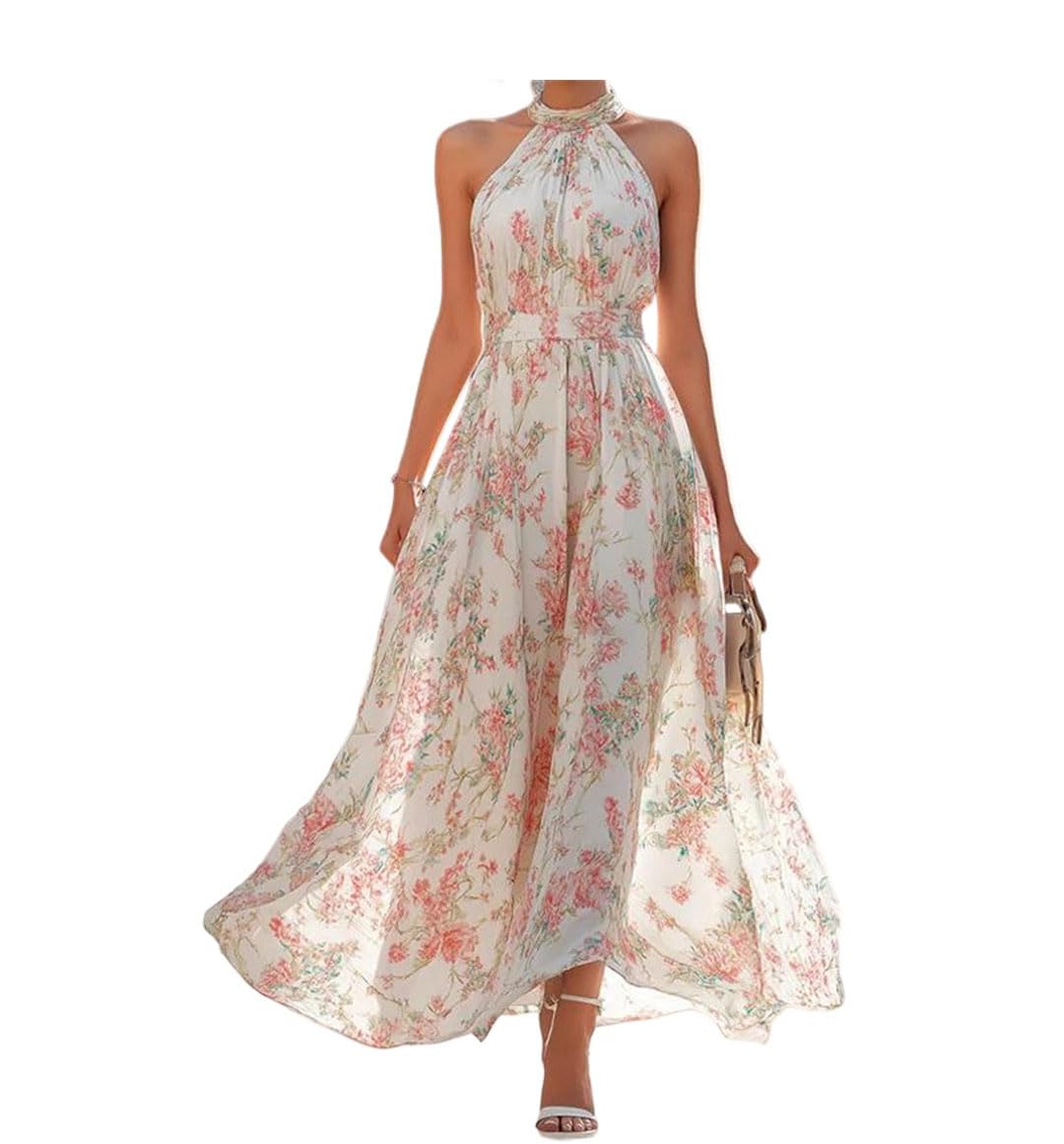 Vestido plisado floral de cuello colgante con tejido fluido y ligero 6