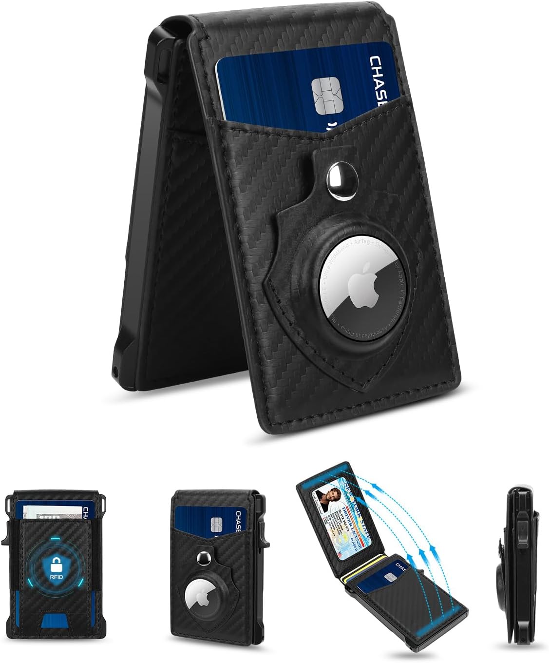 Airtag Wallet for Men, Mens Smart Wallet for Air Tag RFID Blocking, Minimalist Bifold Pop Up Aluminum Credit Card Case Holder 9-13 Cards with ID Window & Stretchable Cash Slot, No Airtag Included