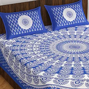 BedZone 100% Cotton Rajasthani Jaipuri Traditional Floral King Size Double Bedsheet with 2 Pillow Covers - Blue Mor Pankh