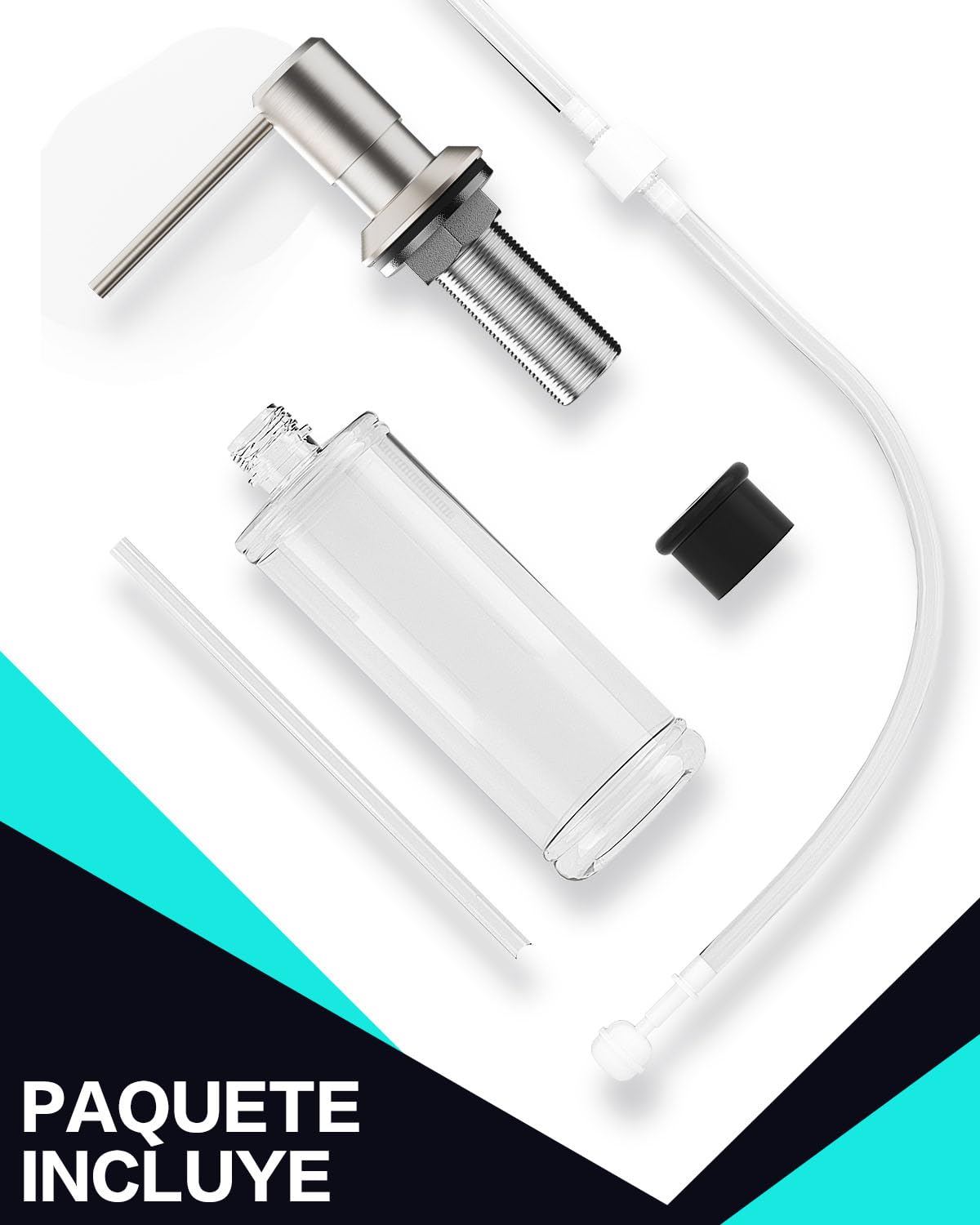 Dispensador Jabon Cocina Bajo Encimera, Dosificador para Fregadero | Dispensador de Detergente con Botella de 300ml y Manguera de 1,2 M, Dispensador Líquido Cobre, Tuerca Metal, Cepillado Plata