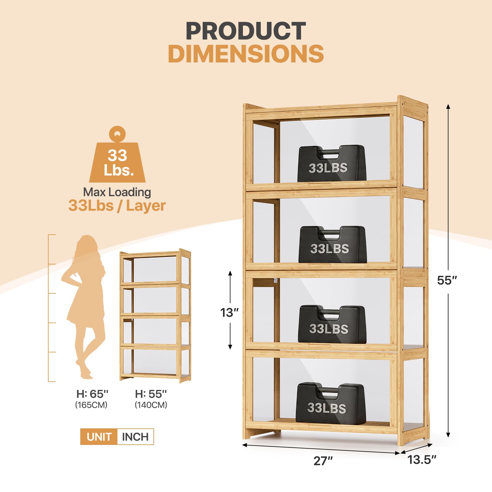 Magshion Vitrina de acrílico de 4 niveles con puerta, estante transparente de pie, estantería de exhibición de 27.5 pulgadas de largo x 13.5 pulgadas de ancho x 55 pulgadas de alto, color natural
