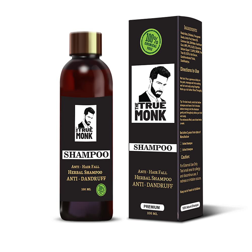 The True Monk Shampoo for Men | Natural Extracts Anti-Hair Fall Shampoo| Reetha Nuts, Shikakai, Amla, Fenugreek Seeds, Neem Oil, Tea Tree Oil, Thaila, Daaklikaatrya, Glycerine, Gandhravahasta | 100ml
