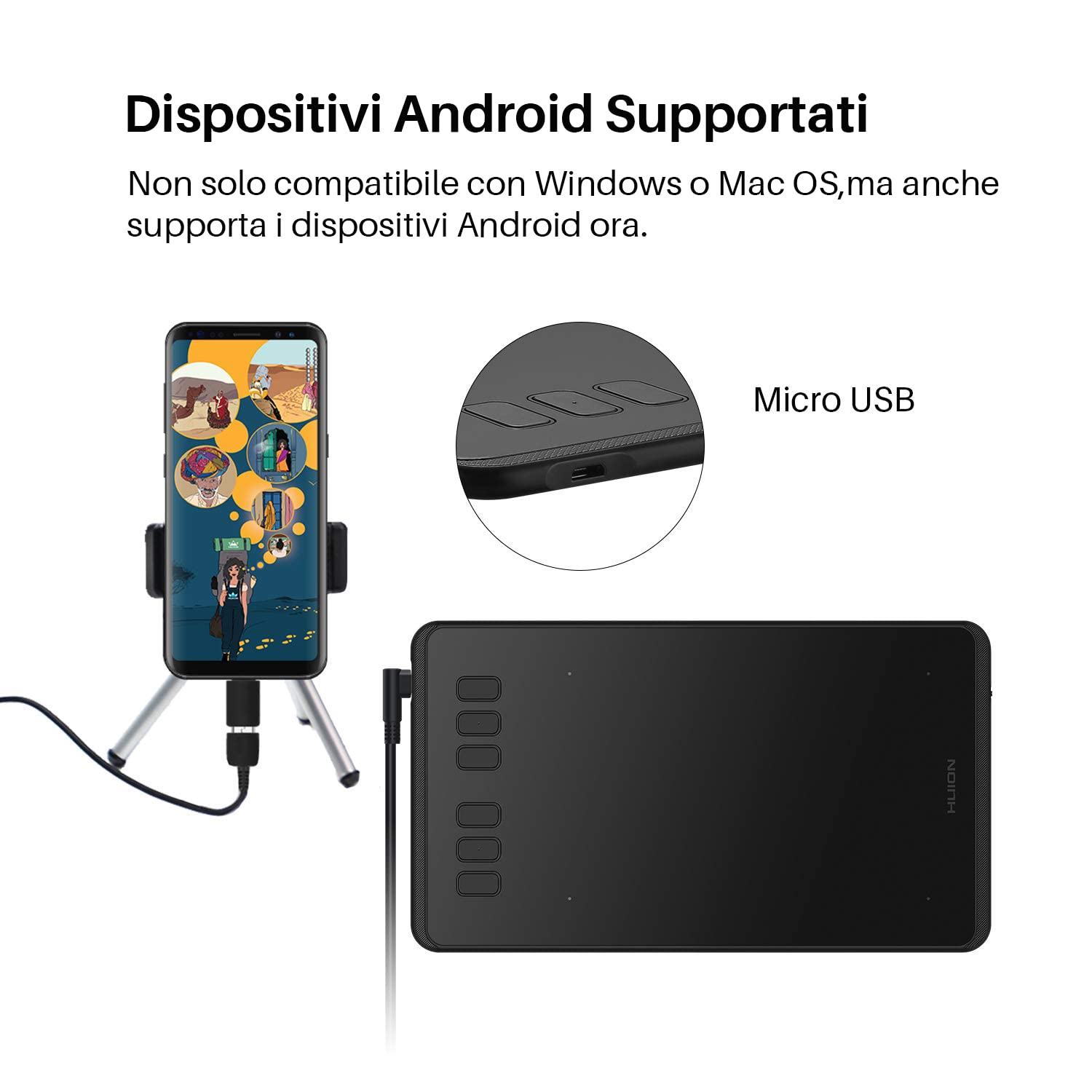 Huion Inspiroy H640P Tavoletta Grafica con Penna Senza Batteria, 8192 Livelli di Pressione, 8 Tasti Express e 1 Tavoletta Grafica Digitale con Supporto Penna Supporta Windows, Mac e Android