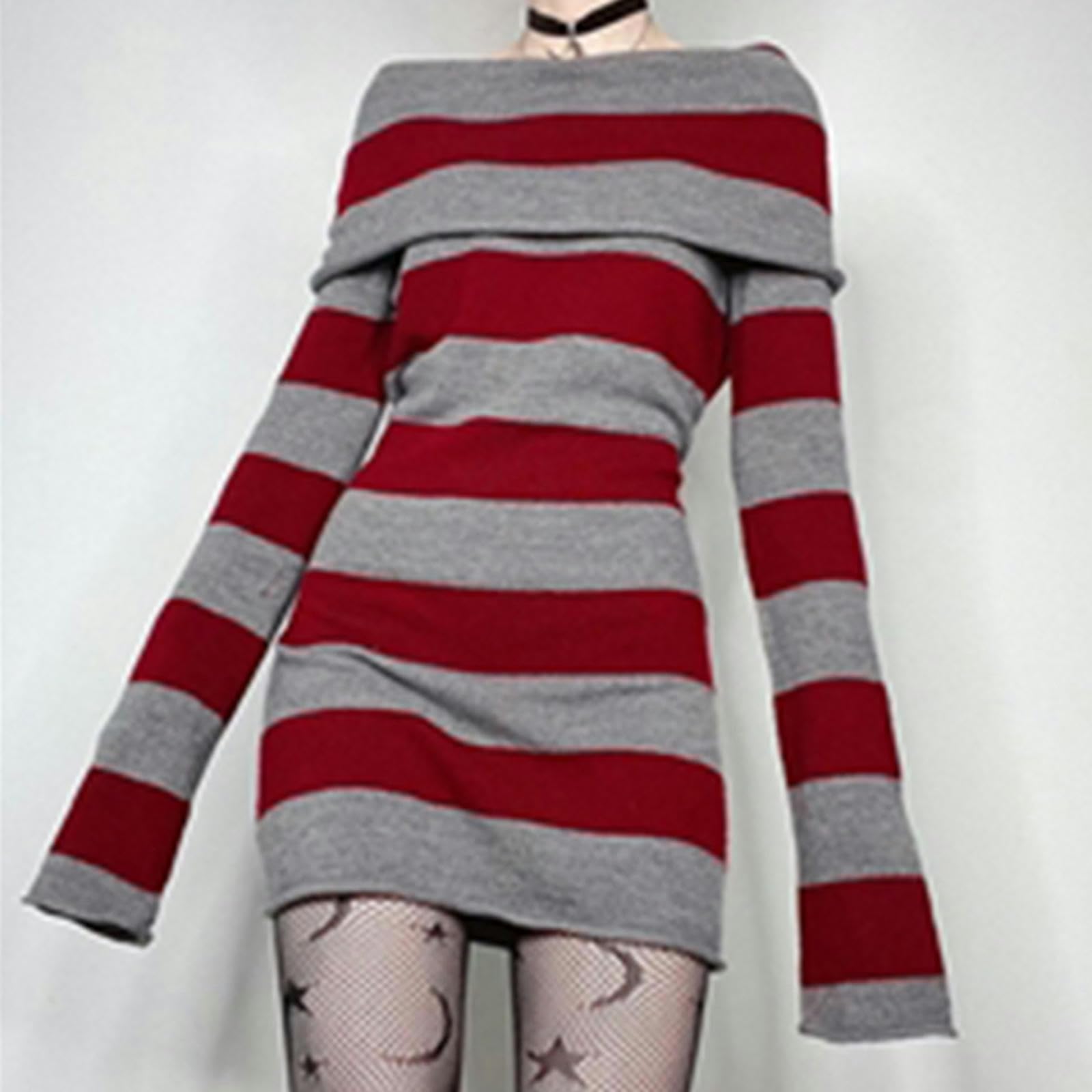 Y2K Gestreiftes Pullover-Minikleid, Mall Goth, Grunge, Emo, figurbetont, schick, schulterfrei, volle Ärmel, Slim-Fit-Kleider, 00er-Jahre, Vintage-Schwarz-S