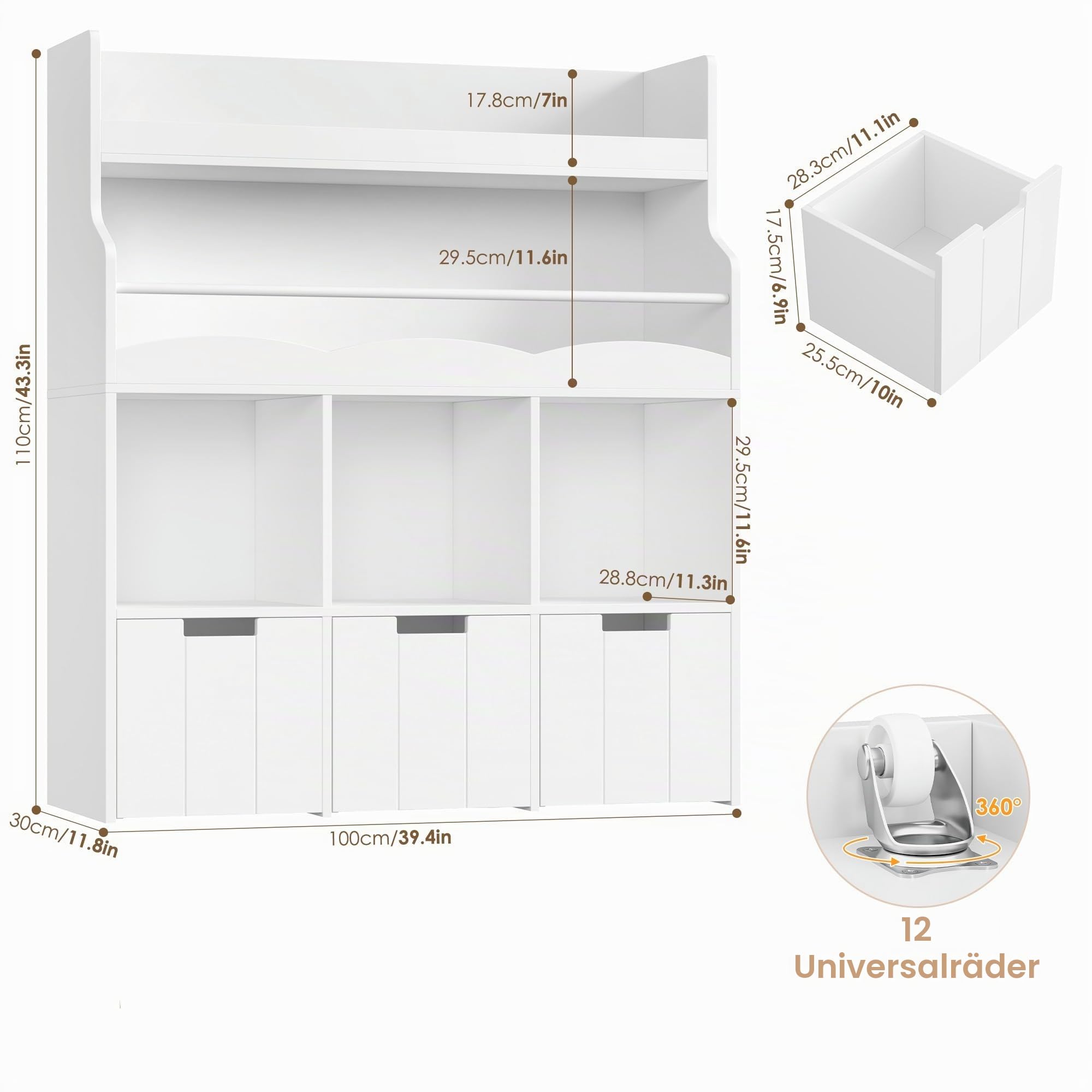 HOCSOK 110cm Kinderregal mit Boxen auf Rollen, Kinderbücherregal mit 4 Ablagefächern, Spielzeugregal Kinderzimmer für Schlafzimmer Kindergarten,Weiße