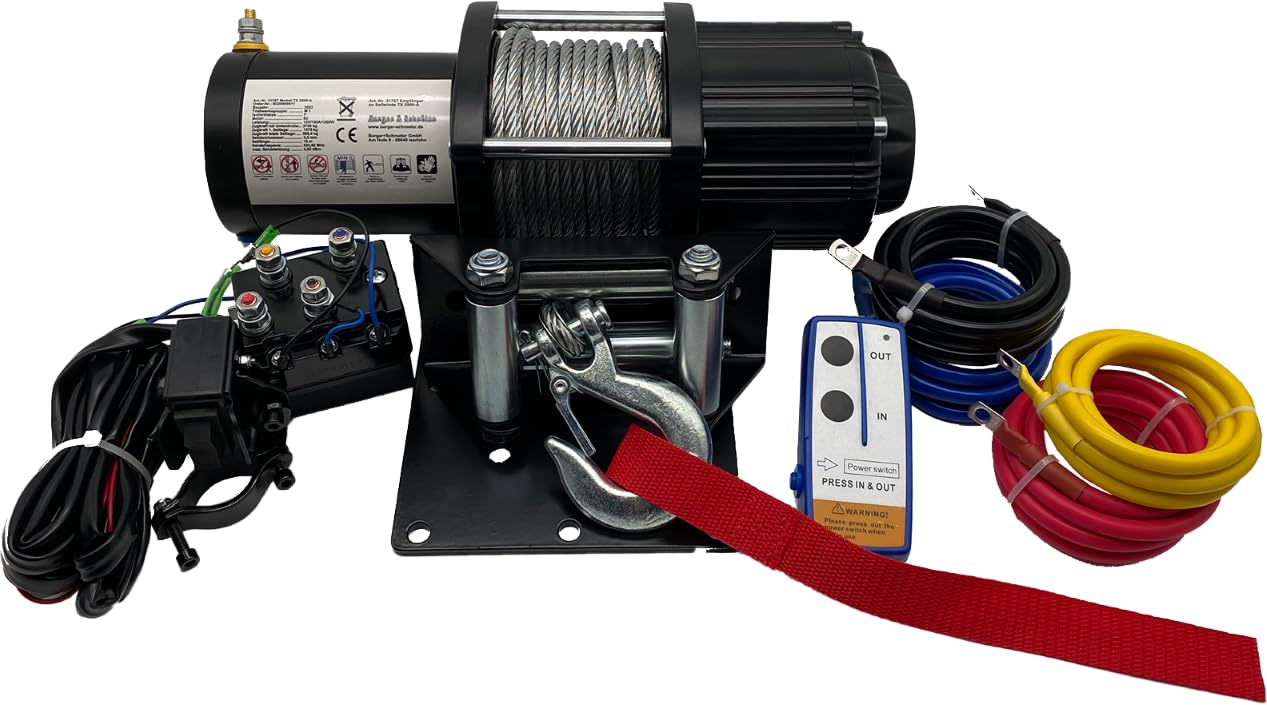 Berger & Schröter | Profi-Seilwinde Motor Seilwinde Elektrisch Motorwinde 12V Stahlseil 3150 kg Zugkraft 14 m Seillänge