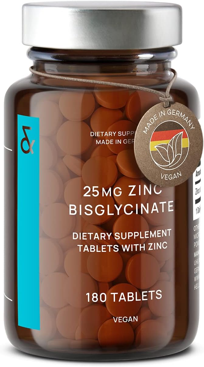 Zink 25mg (Bisglycinaat) – 180 Elementaire Zink Tabletten in een Potje (6 Maanden Voorraad) – Hoge Sterkte Zink Bisglycinaat Mineraal Supplement – Ondersteunt Immuunsysteem, Haar, Huid & Nagels