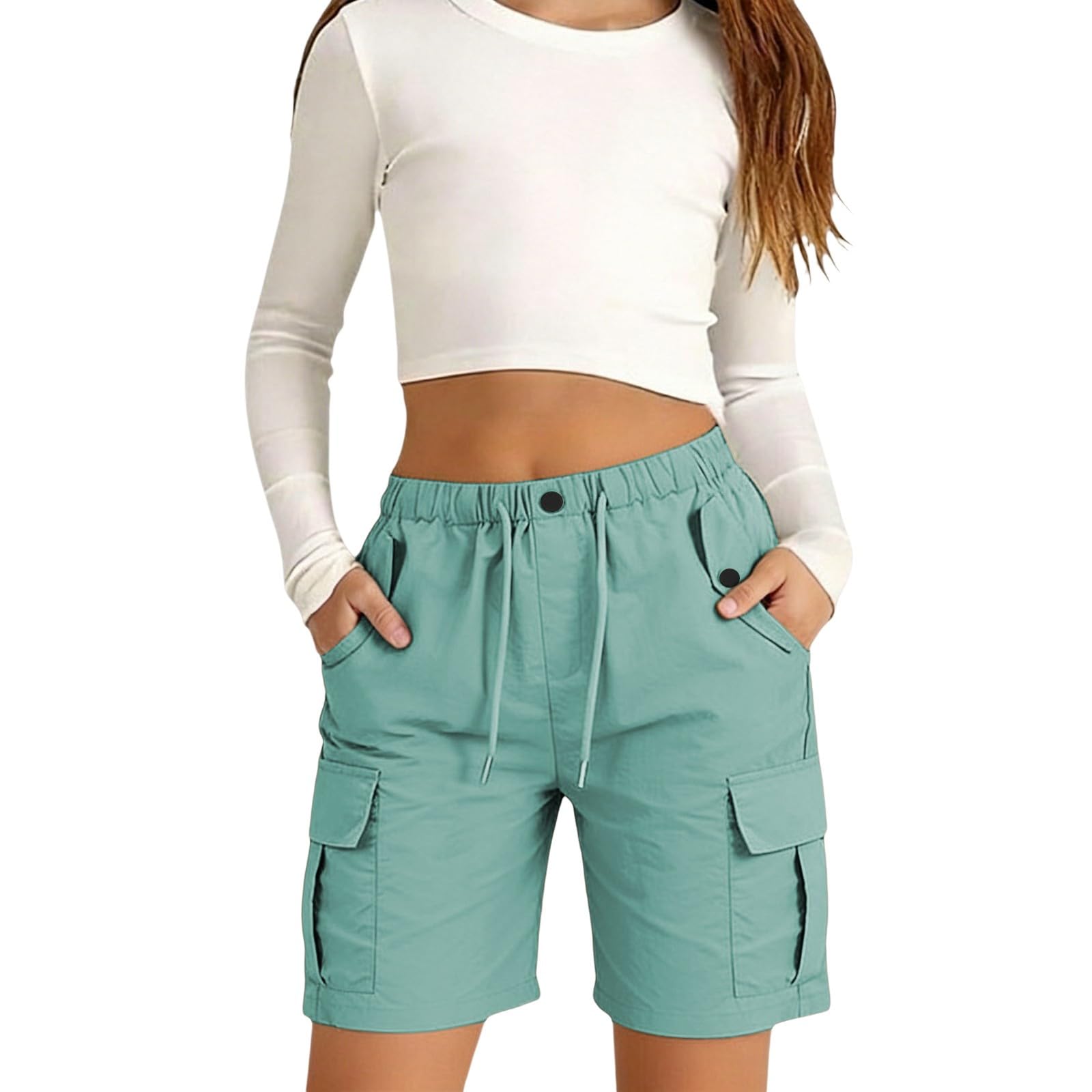 Cargo-Shorts für Mädchen, leichte Sommer-Bermuda-Shorts, elastische Taille, lässig, Sport, Wandern, Laufen, Spazierengehen, Teenager, kurze Hose, Taschen