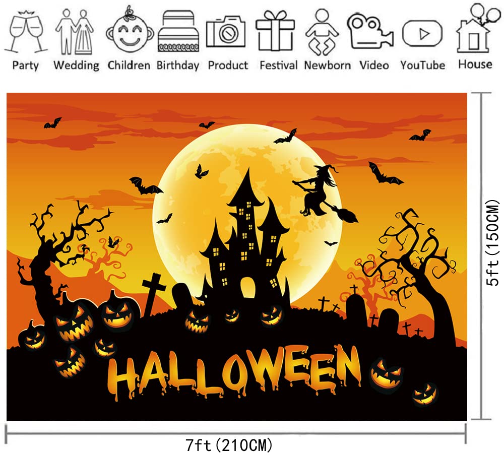 Toile De Fond Halloween - Motif Citrouille Et Château Sorcière - Dimensions 2,1x1,5 M - Pour Décoration Fête Ou Photo