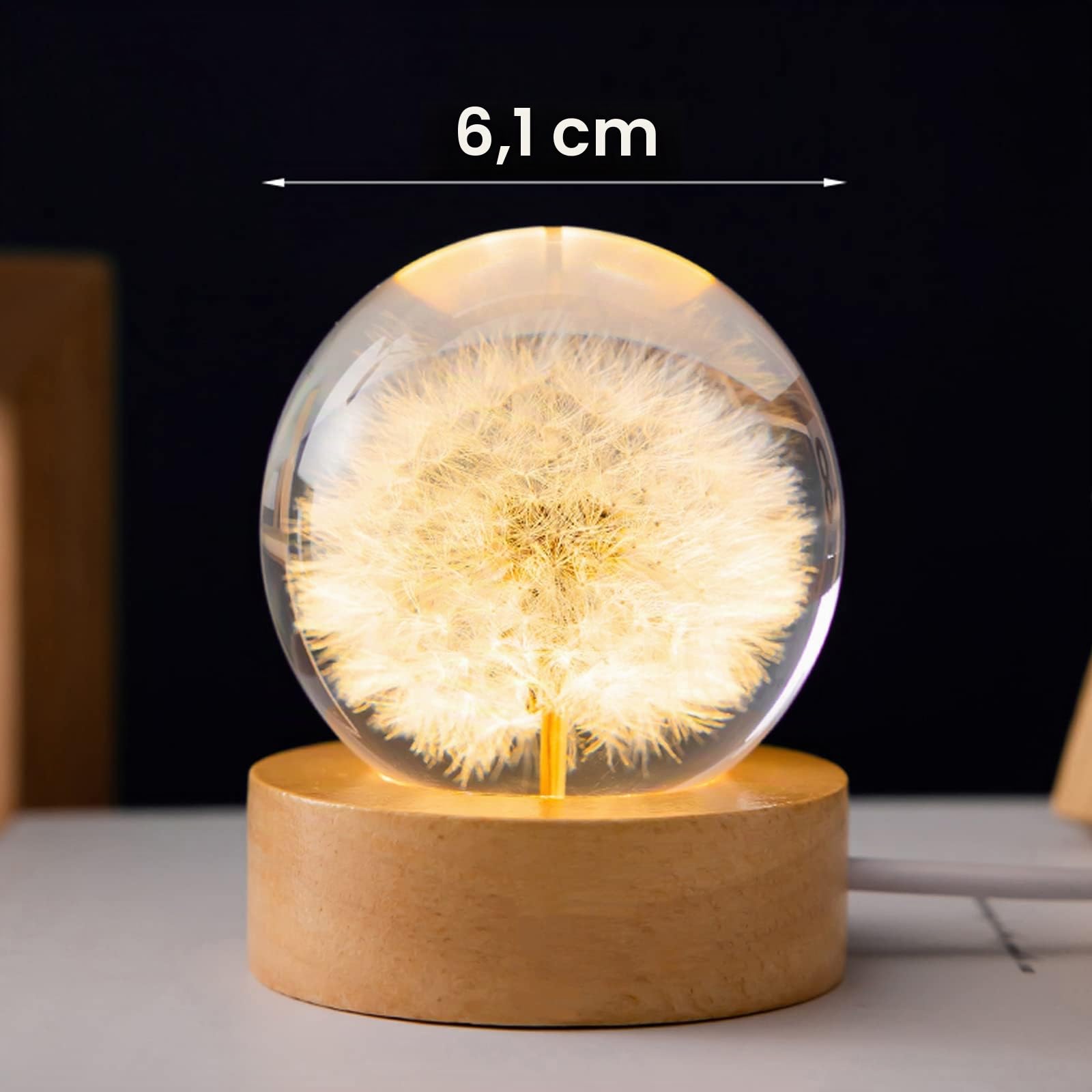 Pusteblume Blumen Kristallkugel Nachtlicht, 6 cm Glas Kugellampe mit Holzsockel, Dekorative LED Nachtlampe für Schlafzimmer & Wohnzimmer (Löwenzahn)