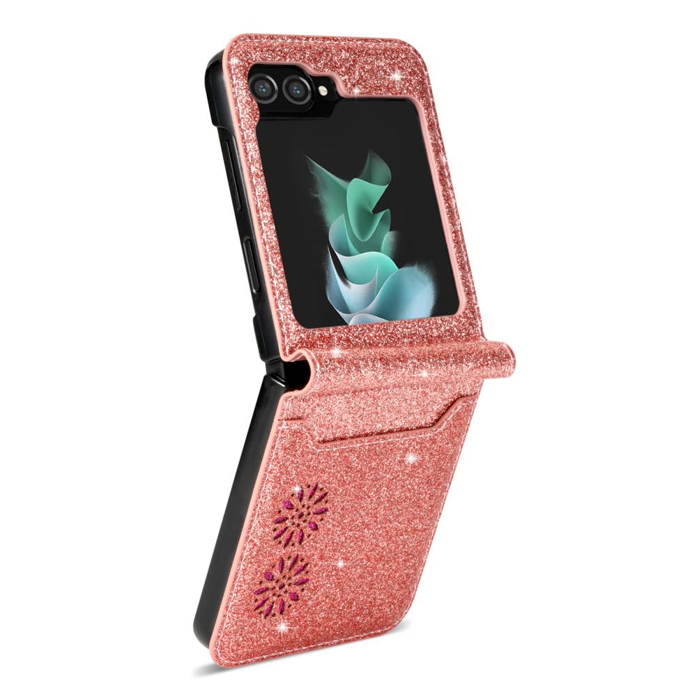 Dla Flip5 Flip4 Flip3 5G Glitter Bling Protection Etui na telefon do Samsung Galaxy Z Flip 5 4 3 5G Portfel z uchwytem na karty Skórzana osłona, fioletowa, do Galaxy Z Flip 4