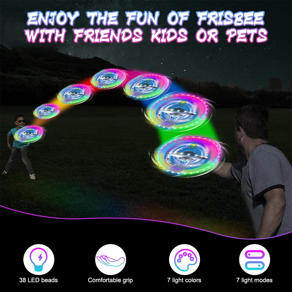 Frisbee LED Ultimate Frisbee lumineux à LED 25 cm - Anneau volant lumineux avec 12 modes de couleur - 38 LED RVB - Pour l'extérieur, la pelouse, les jeux de camping