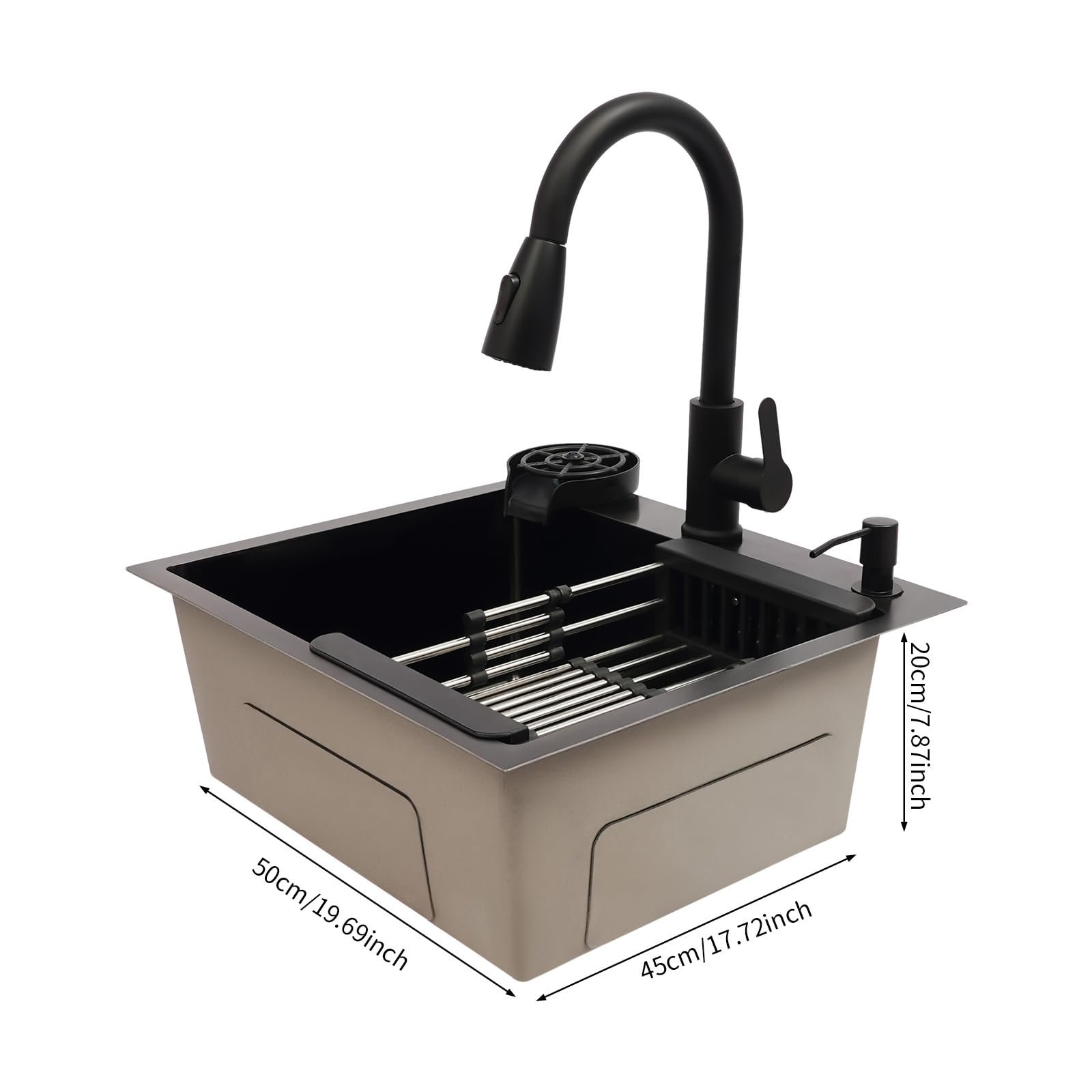 Fregadero de cocina de acero inoxidable 201, 50 x 45 cm, color negro, 1 lavabo, moderno, con grifo extensible, tubo de drenaje, dispensador de jabón, escurridor para cocina, gastronomía