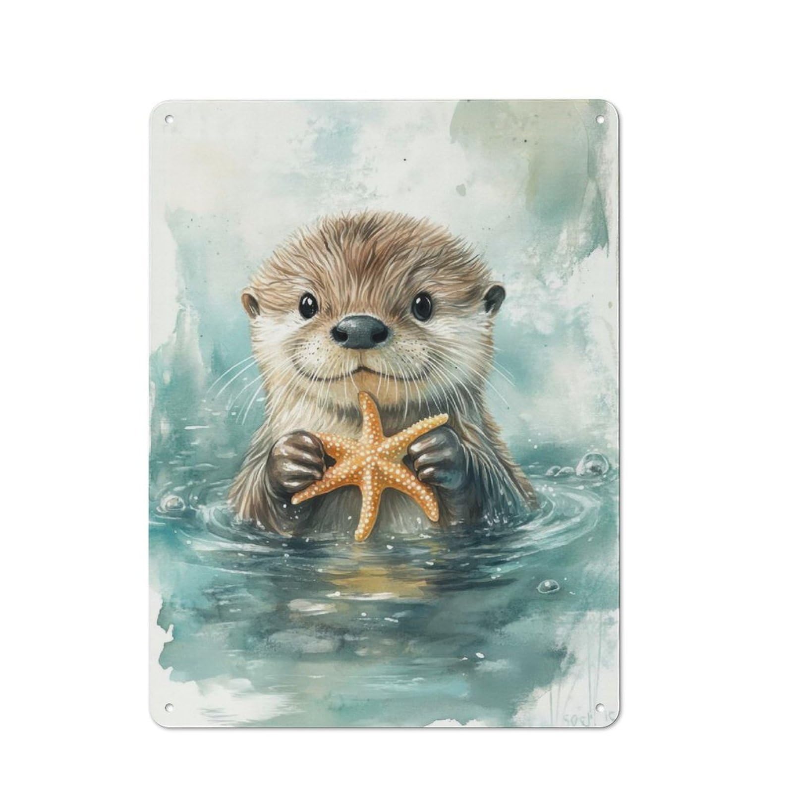 Junmoney Cute Otter With Starfish Metal Wall Sign 40X30cm, Retro Decor For Hallway Wall, For Wall Display Collectors